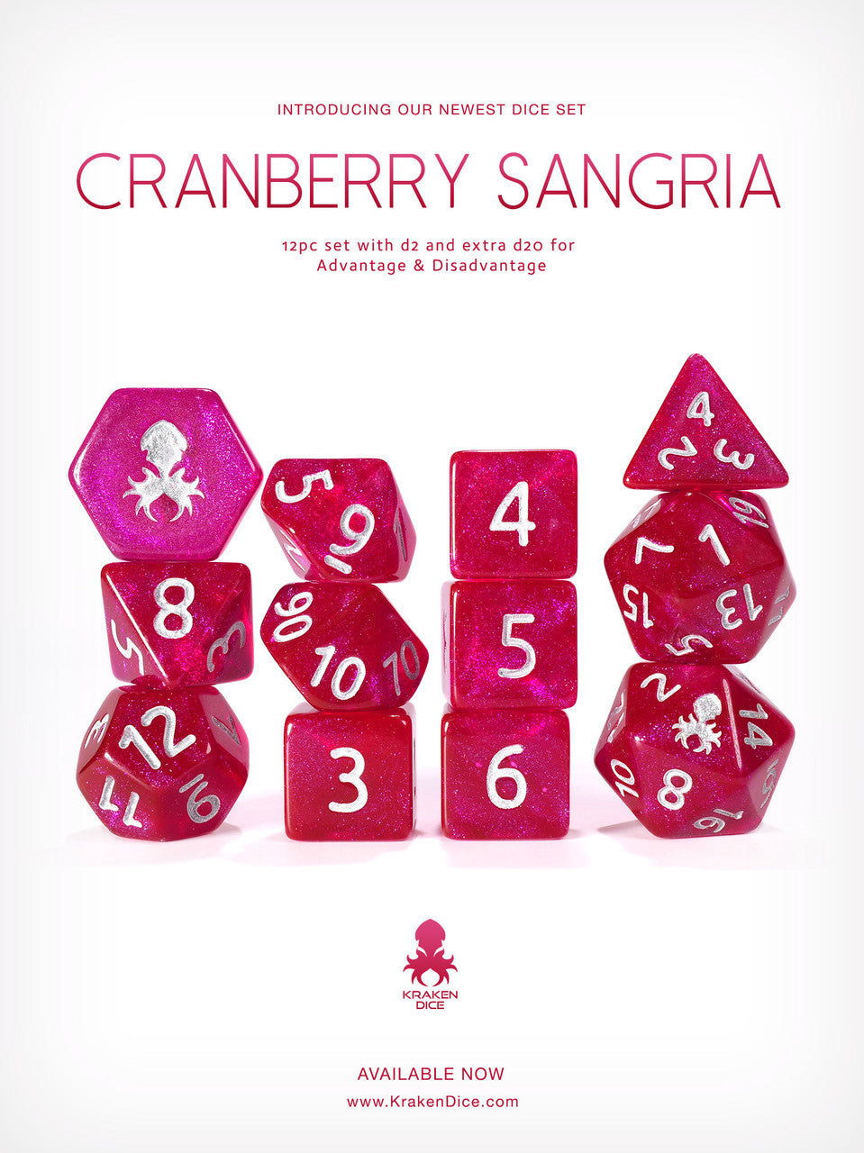 Cranberry Sangria 12pc Glitter RPG Dice Set with Silver Ink